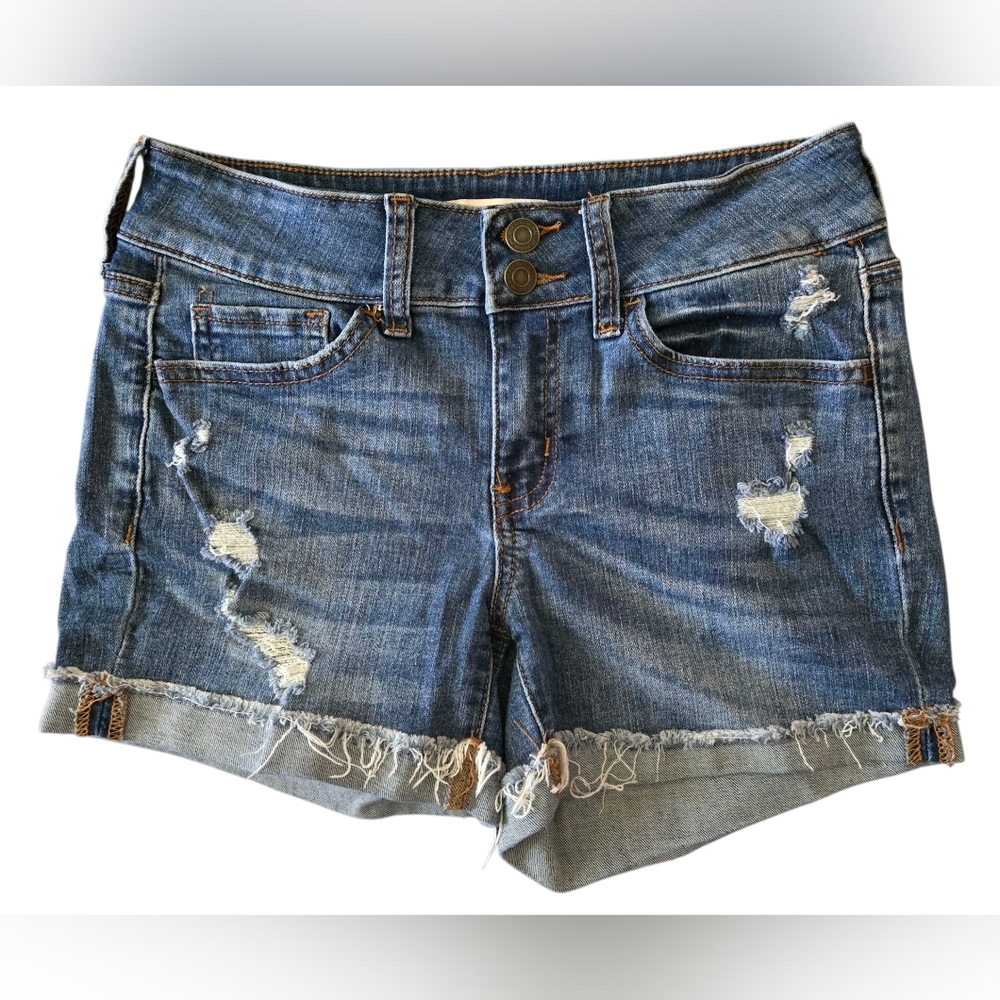 🌞SO Low Rise Midi Blue Jean Shorts Distressed Cuffed ~EC